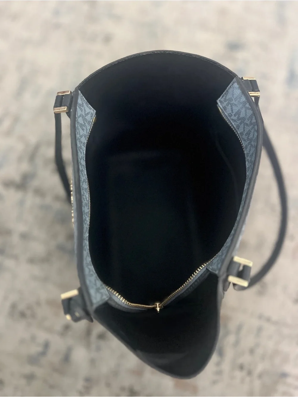 Michael Kors Gray MK Monogram Tote with Black Straps and Gold Hardware